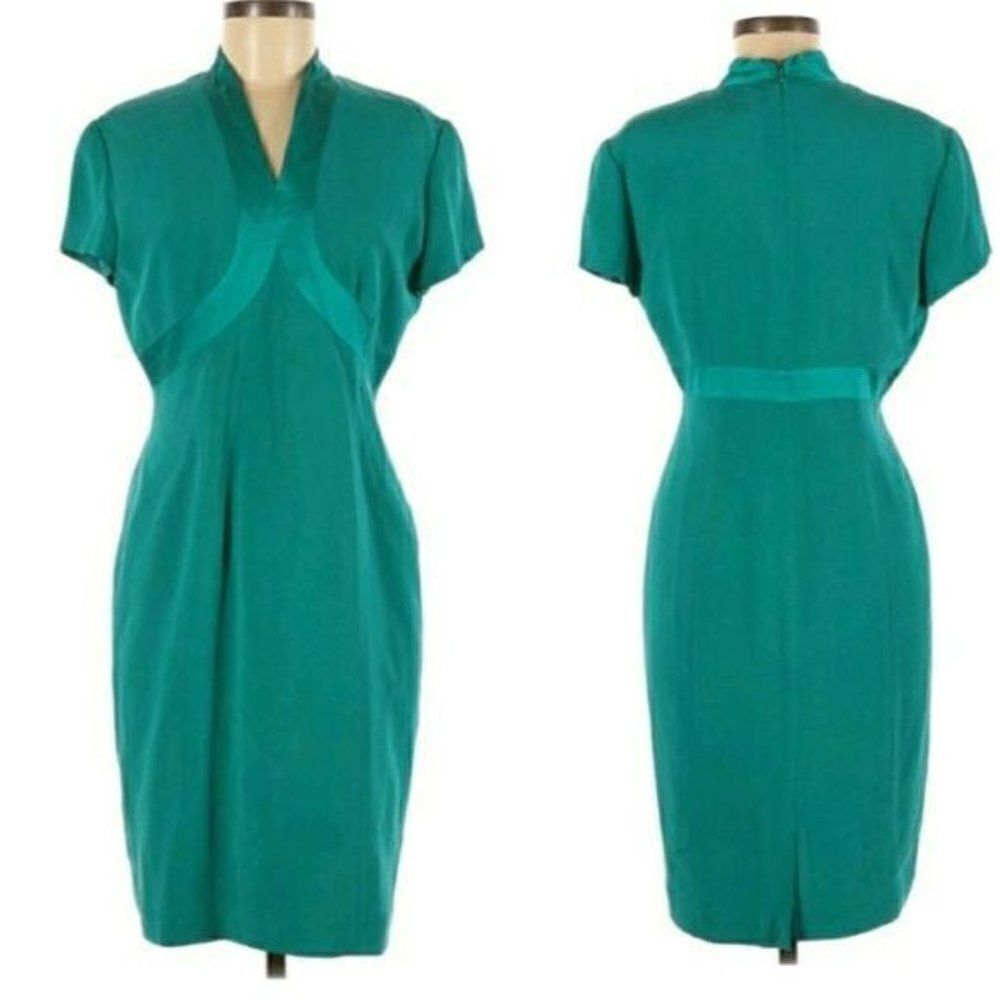 Vtg Adrianna Papell 100%  Silk‎ Satin Trim Accents Sheath Dress Green Sz 8